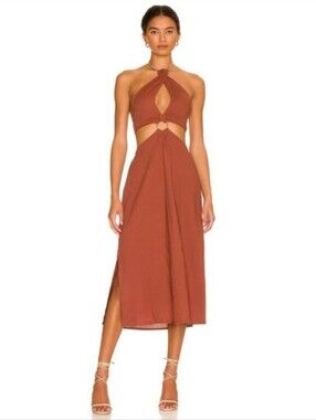 Revolve WeWoreWhat Shell Chain Halter Midi Dress Cappuccino Cut Off Sz L $168